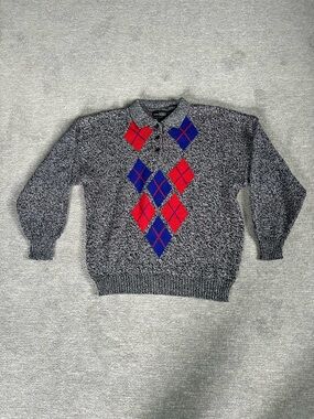Vintage 80’s Mister Noah Argyle Knit Sweater with Red & Blue Diamonds Sz. XL